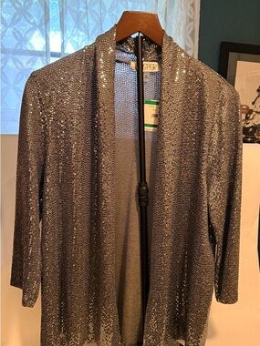 Kasper Silver Sequin Open-Front Blazer Size Petite Large (W21)